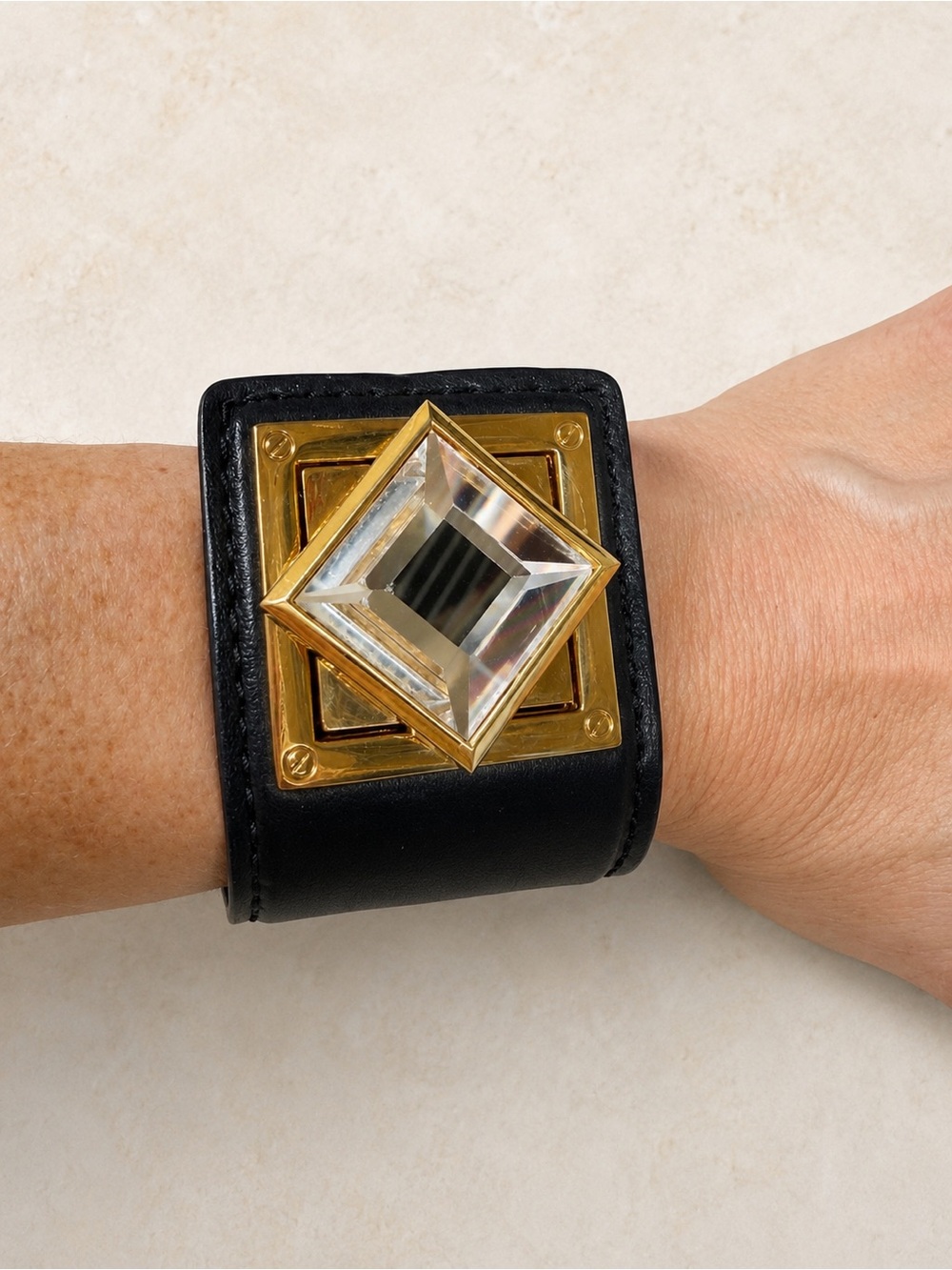 Michael Kors Black Leather Crystal Gold Click Close 2" Wide Bracelet Wide Wrap
